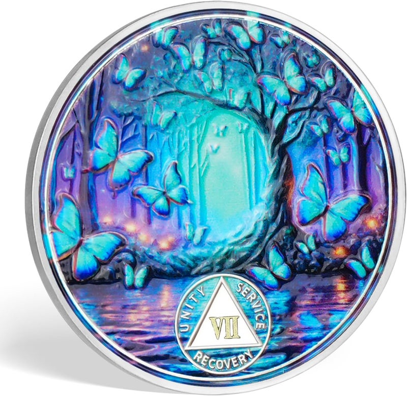 deDecoml Serenity Prayer Recovery Coin Butterfly Tree Design with Unity, Service, and Recovery Triangles Challenge Coin Sobriety Sober Coin NA AA Chips and Medallions (Blue Butterfly Tree, 7 Years) - Image 2